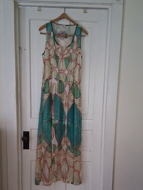 Sleeveless Floral Maxi Dress in Teal and Cream